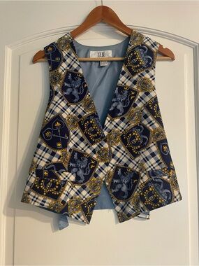 S.L.B. Vintage Blue Gold Women's Plaid Crest Shield Vest Sleeveless Silk Blend